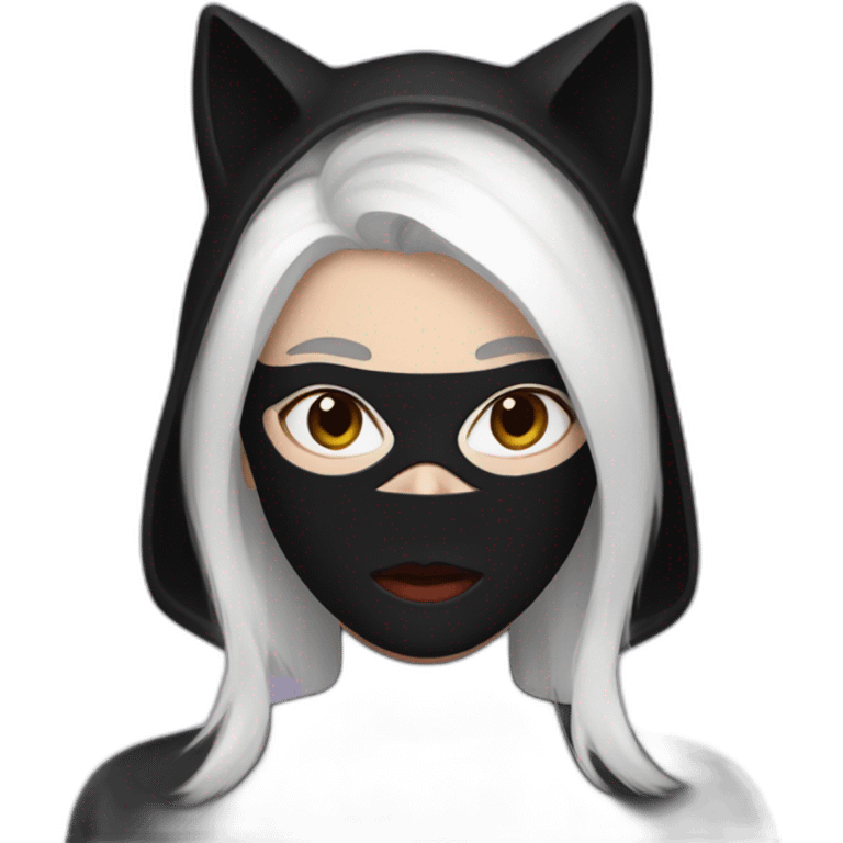 A woman with white hair and cat ears and a black mask around her eyes has white skin and a black spiderman mask on her face. emoji