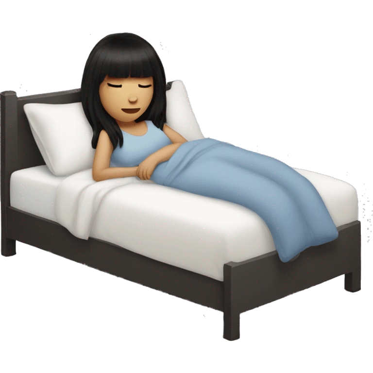 Woman pale skin black hair with bangs sleeping in bed with pillow, white woman emoji