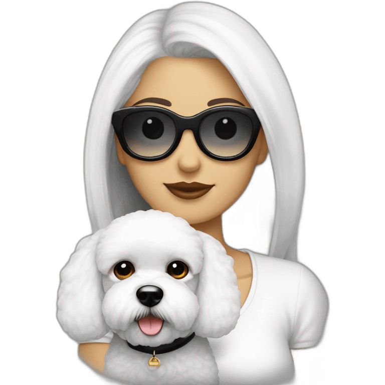 mujer piel blanca cabello negro gafas y perro bichon maltés blanco emoji