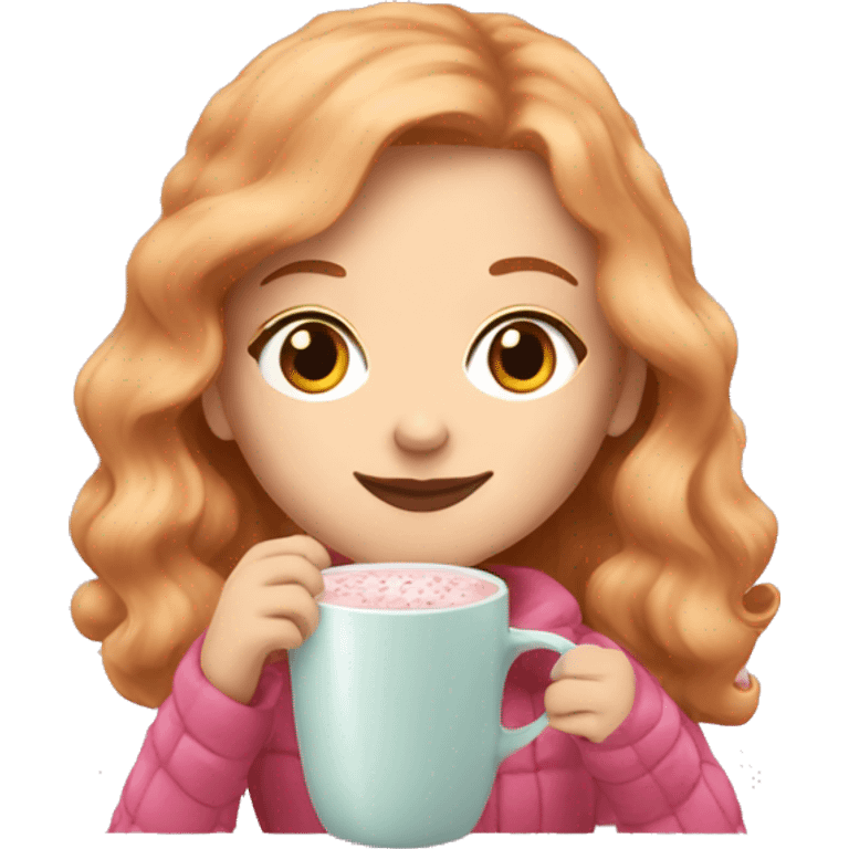 A strawberry blonde haired girl drinking a hot chocolate all cozy in baby pink emoji