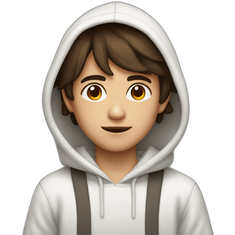 Boy with semi-long semi-dark brown hair with white hoodie emoji