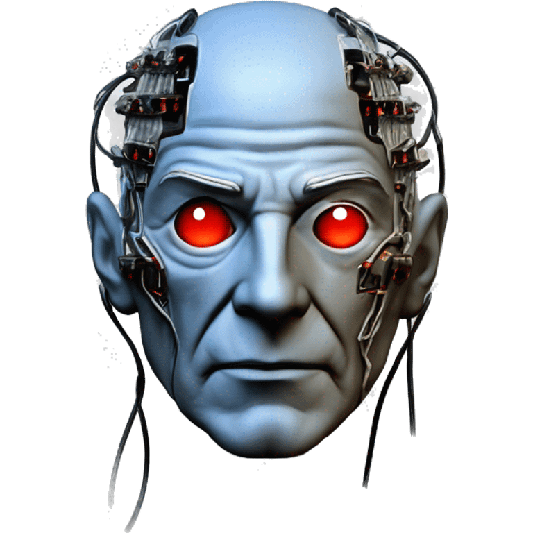 Jean luc picard from Star Trek assimilated by the Borg, with mechanical metal covering the left side of his face, with wires and a red light on the left side. His eyes are blue emoji