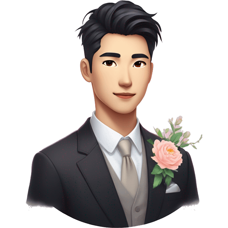 Gorgeous romantic anime style Asian formal modern gentlemanly guy with flowers and blushing face aesthetic trending style outside with colorful gradient bright light colors emoji