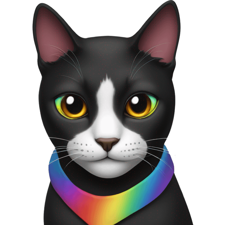 a black cat with a rainbow outline, it is wearing a red solid bandana around its neck emoji