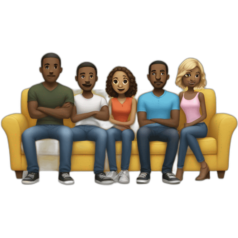 (five black men) standing around a light-skinned girl sitting on a sofa emoji