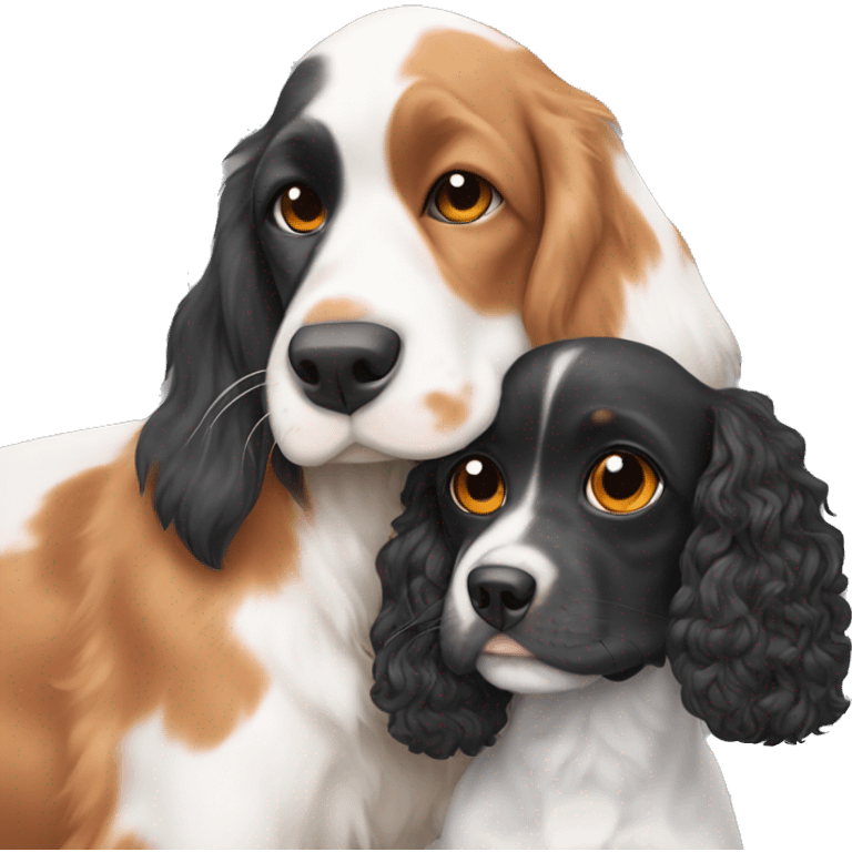 calico grey orange white cat cuddling black cocker spaniel emoji