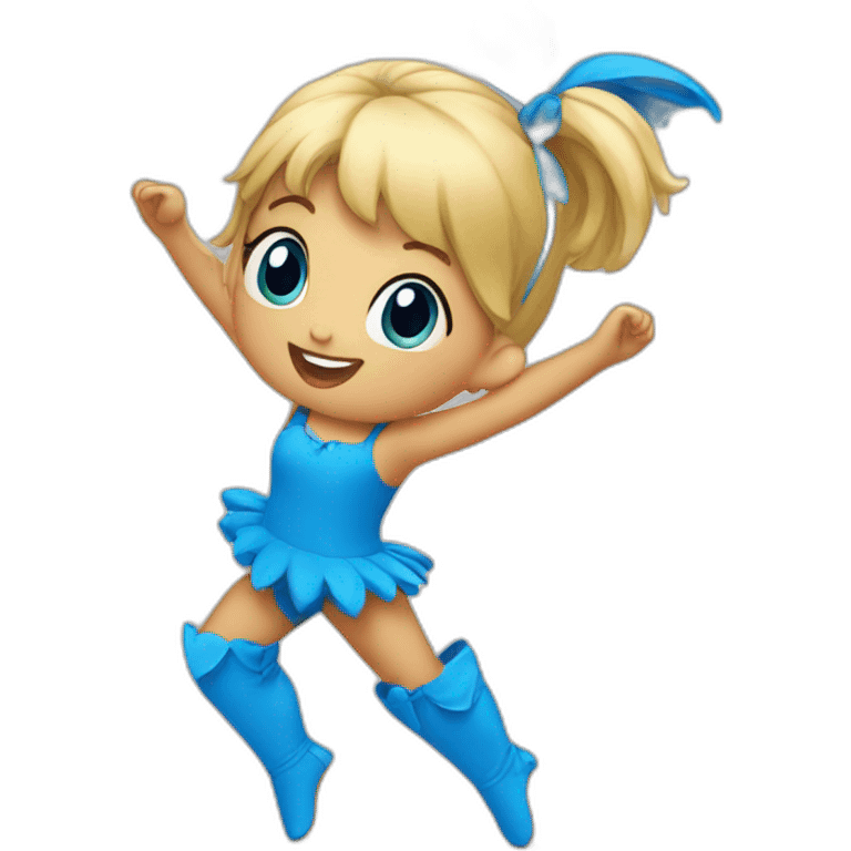 little blonde girl dancing in a blue bird costume emoji