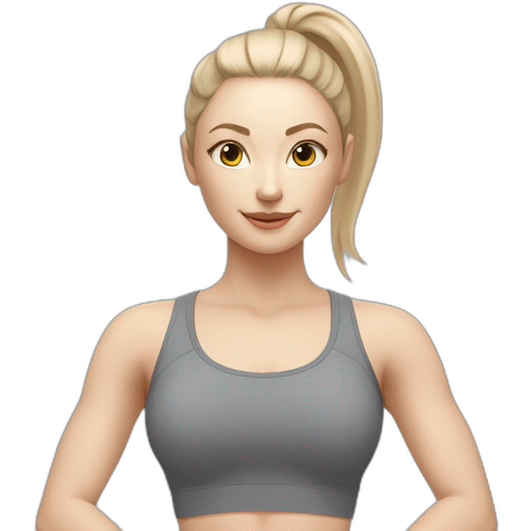 Pale skinned fit woman In a gray tight yoga suit With ash blonde hair in a ponytail doing yoga emoji