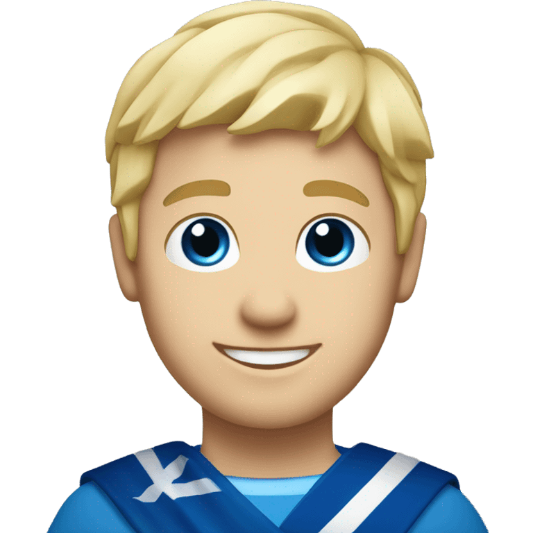 Male with blonde hair and blue eyes waving hand smiling with a Scotland flag 🏴󠁧󠁢󠁳󠁣󠁴󠁿  emoji