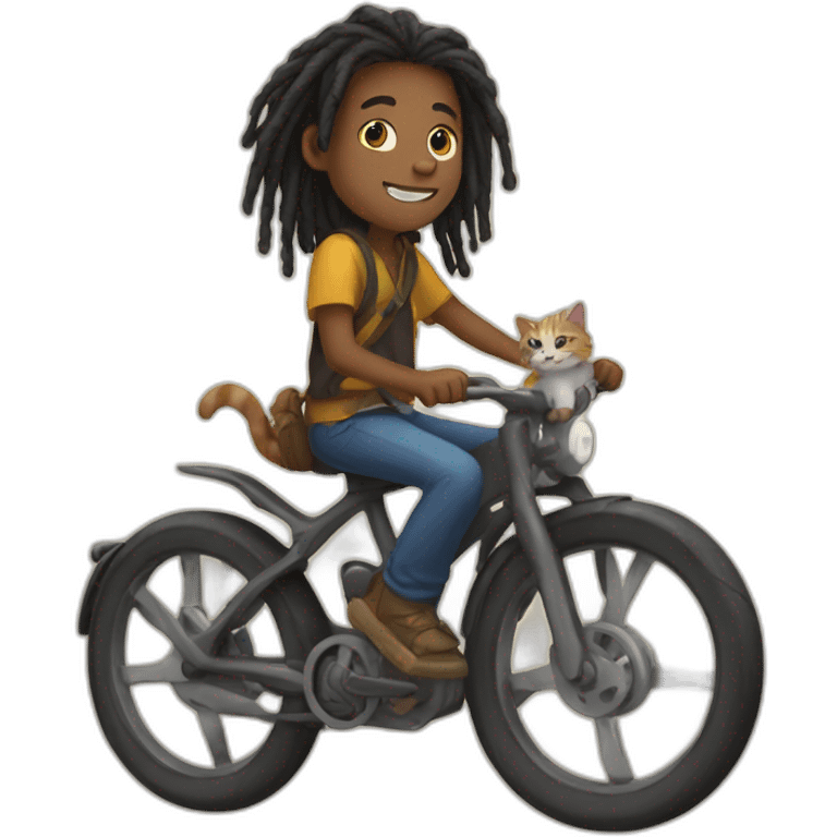 A boy with dreadlocks rides a cat emoji