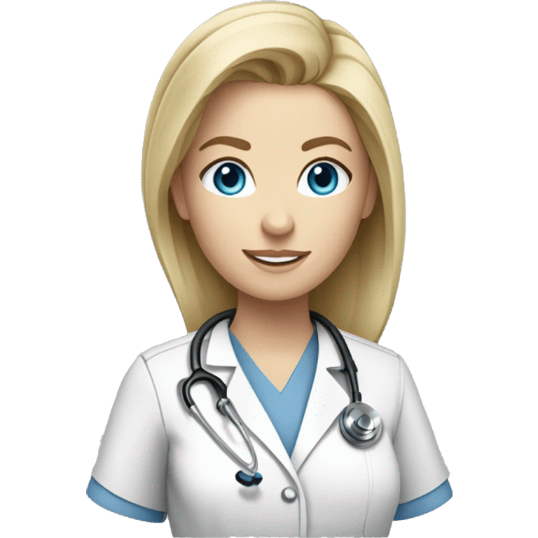 female doctor with blonde hair blue eyes pale skin blue stethoscope and grey scrub top emoji