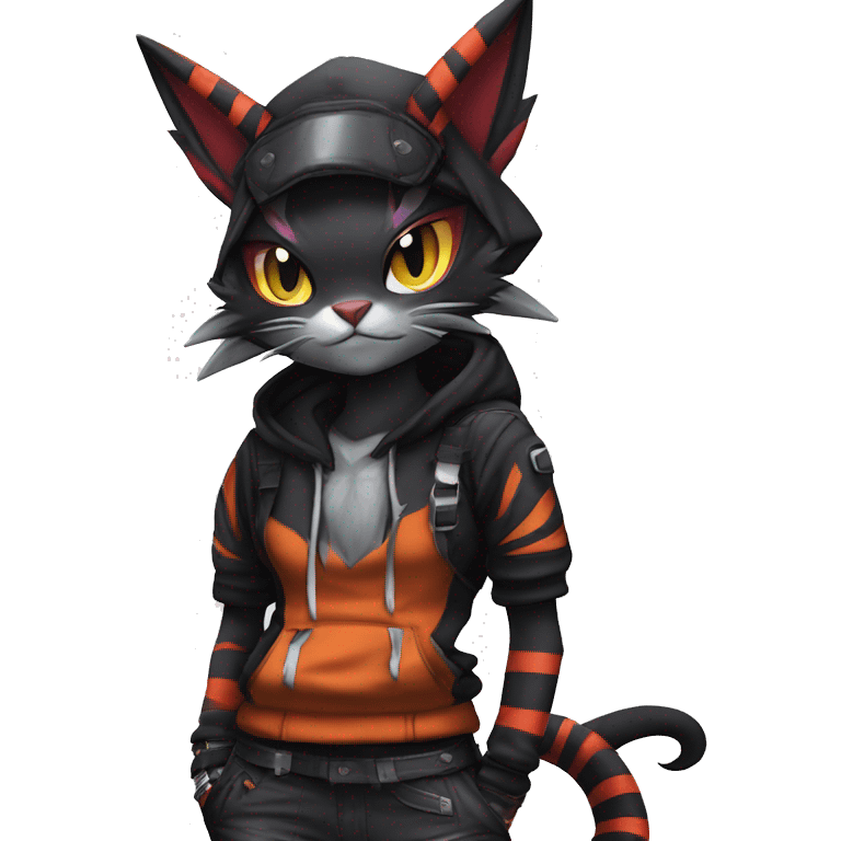 Cool Anthro Noivern-Litten-BatCat-Pokémon with edgy stripes hoodie spiked collar punk techwear Cargo Pants Full Body emoji