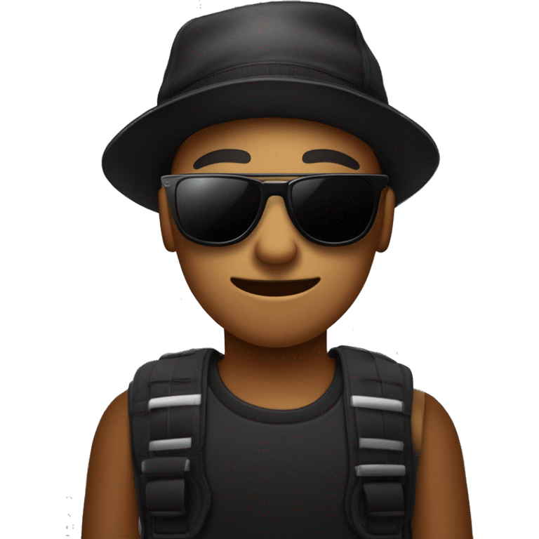 Ein Junge mit einem boxerschnitt, Seiten auf null einem Übergang der ein schwarzes tshirt an hat, Sonnenbrille, jedoch seine Augen noch leicht erkennt. braune Augen, lächelt leicht und hält eine haarschneidemaschine in der Hand  emoji