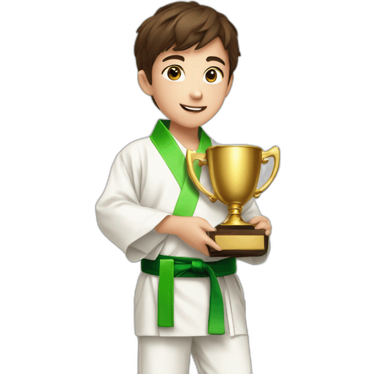 a 12-year-old boy with brown hair in a white kimono with a green belt holds a prize gold cup with two hands emoji