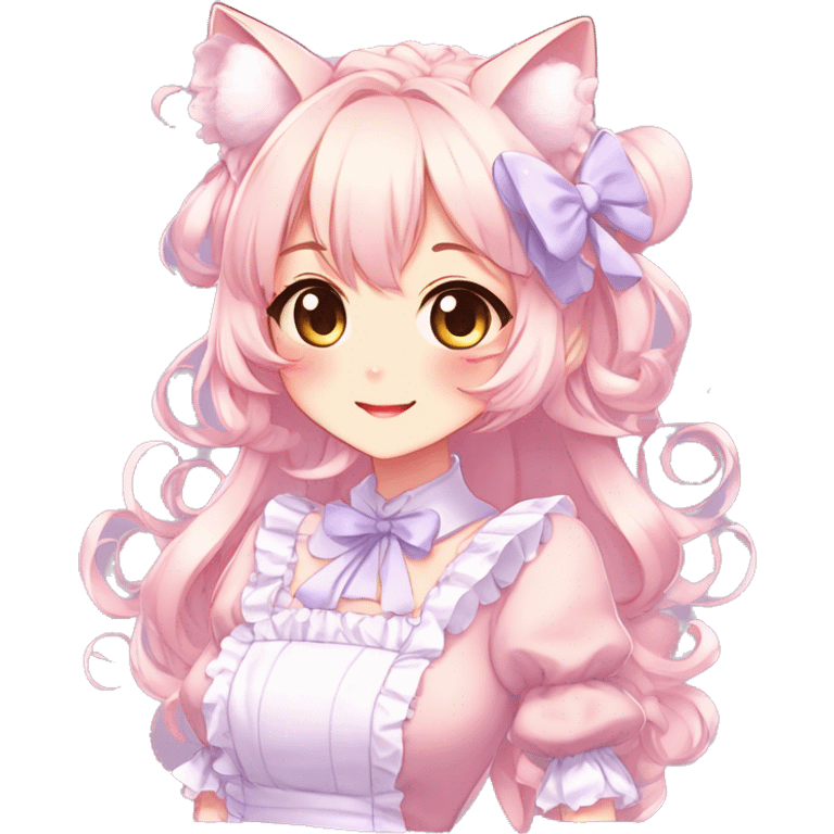 Gorgeous anime style catgirl blushing face maid outfit Lolita idol model colorful shiny sparkle kawaii pastelcore cottagecore pearly petite simplistic aesthetic trending style emoji