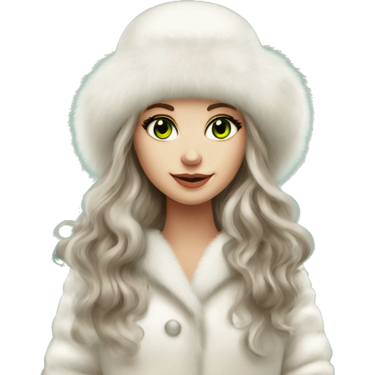 Beautiful Slavic girl with green eyes and brown wavy long hair wearing a white fur hat and white Mink fur coat emoji