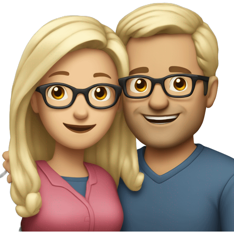 40 year old man with blond hair and glasses hugs a 40 year old woman with dark brown half long hair emoji