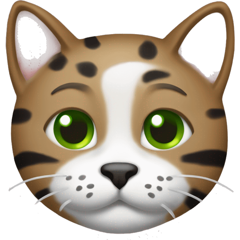 sokoke cat with a white torso and marbeled colors on his face (brown, black and with green eyes) smiling and closing an eye. Holding with a paw a whiskas cat food sachet emoji