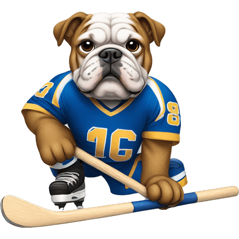 A bulldog with a hockey jersey and helmet holding a stick emoji