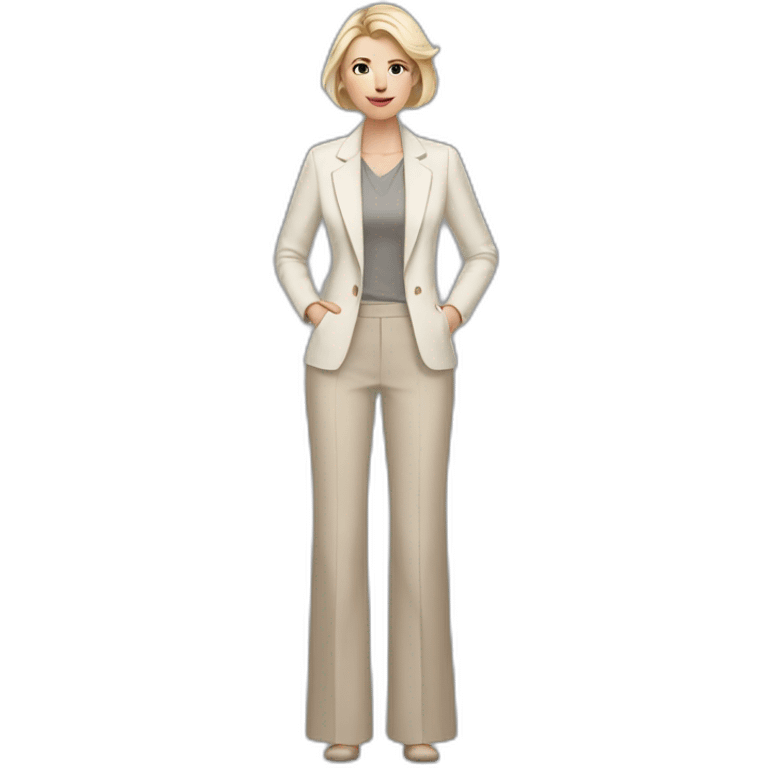 Full height Actively gesturing with hands pale skin woman with ash blonde Straightened bob Hair, White Spacious classical jacket, beige palazzo Arrow pants and gray blouse emoji