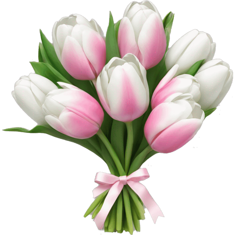 bouquet of white tulips and some pink tulips with a bow around it emoji