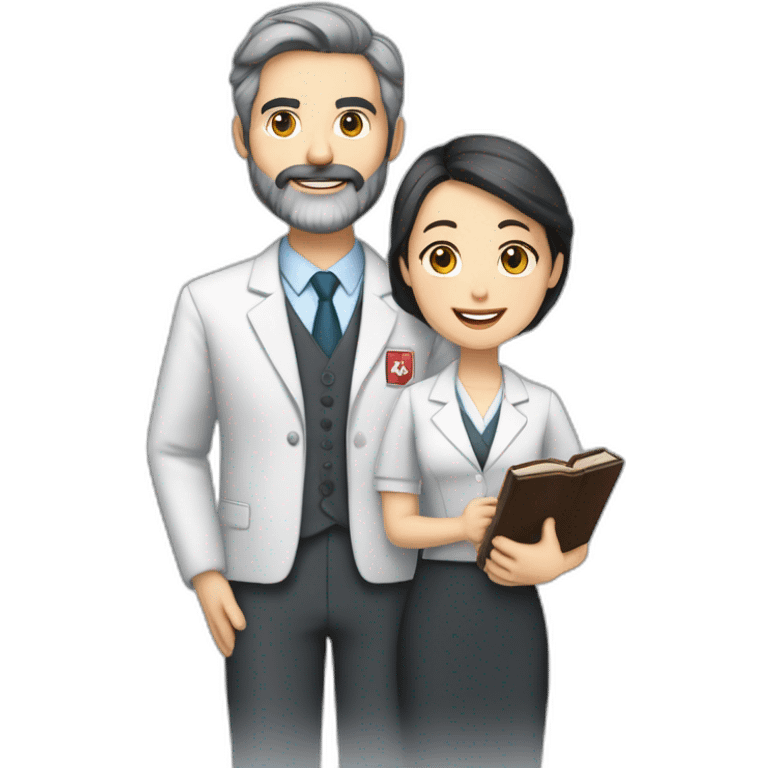 husband Canadian caucasian dark gray hair trimmed beard wearing business suit holding bible, wife asian age 55 dark hair nurse uniform, no children emoji