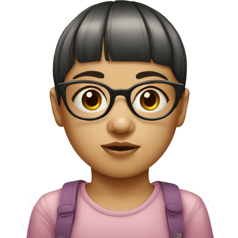 Little girl with bowl cut, glasses, and acne emoji