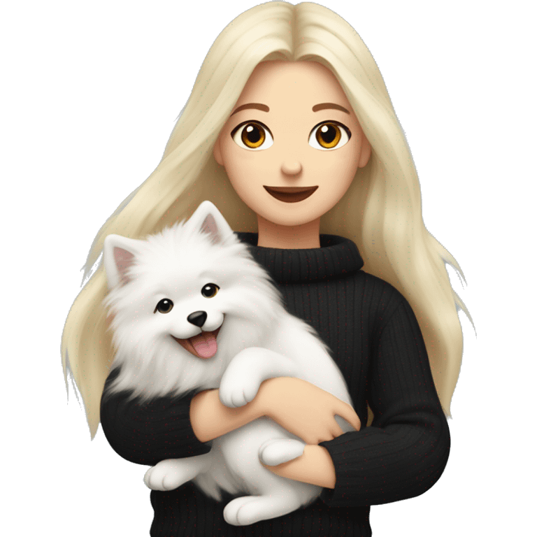 blonde girl with long hair in a black sweater holds a Samoyed puppy in her arms emoji