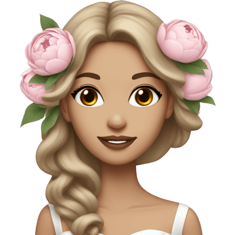 White bride with long light brown hair and with white and pink peonies bouquet in hand  emoji