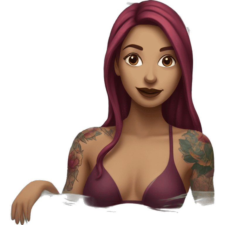 Beautiful tattooed  burgundy long haired woman swimming in a pool emoji