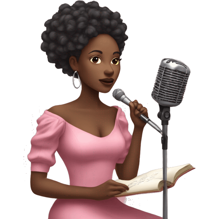 Beautiful Black woman doing poetry with mic pink dress  emoji