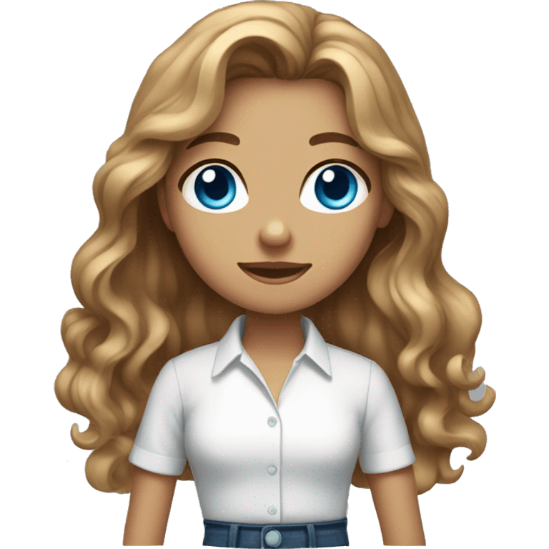 girl with long light brown wavy hair blue eyes wearing a white shirt emoji