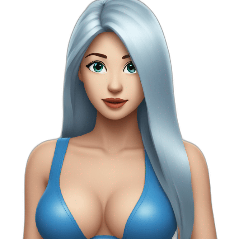 sexy; leather bra; seductive girl; blue long straight hair; emoji