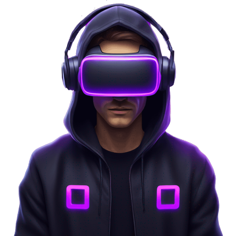 Russian man wearing a black hoodie with "OMG" letters on it and VR headset in a cyberpunk VR environment with violet neon lighting. emoji