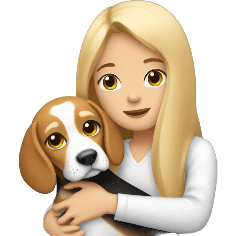 Girl with long light hair hugging a bicolor beagle emoji