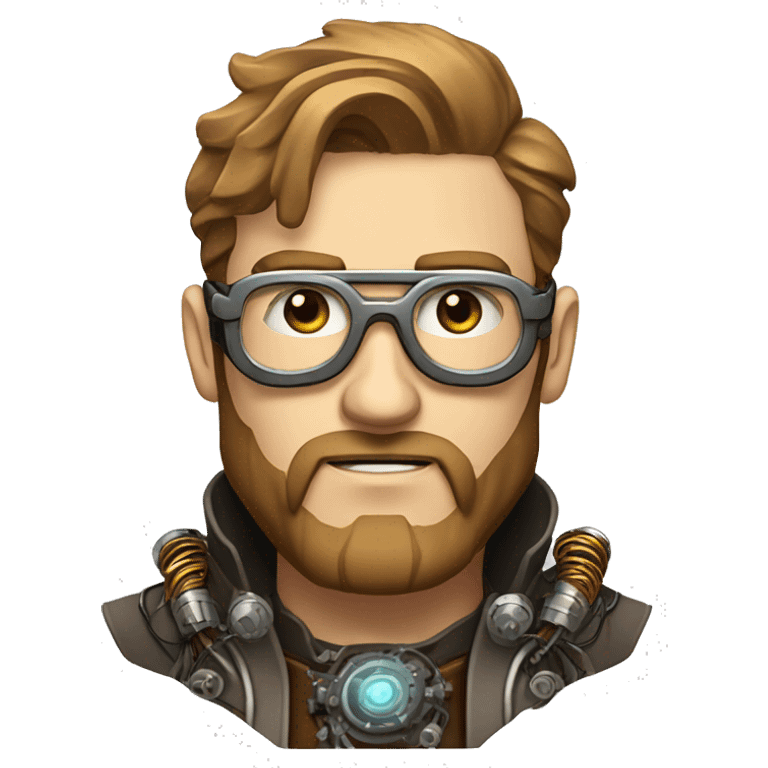 Male cyborg, light brown hair, light brown beard, steampunk glasses, circuits, wires  emoji