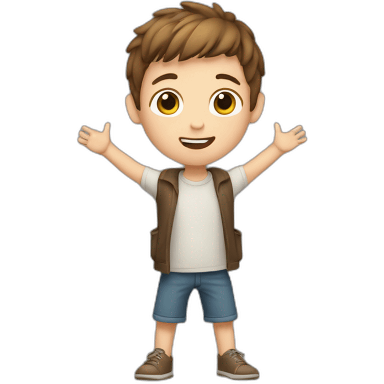 young boy raising his both arms, white skin, brown hair emoji