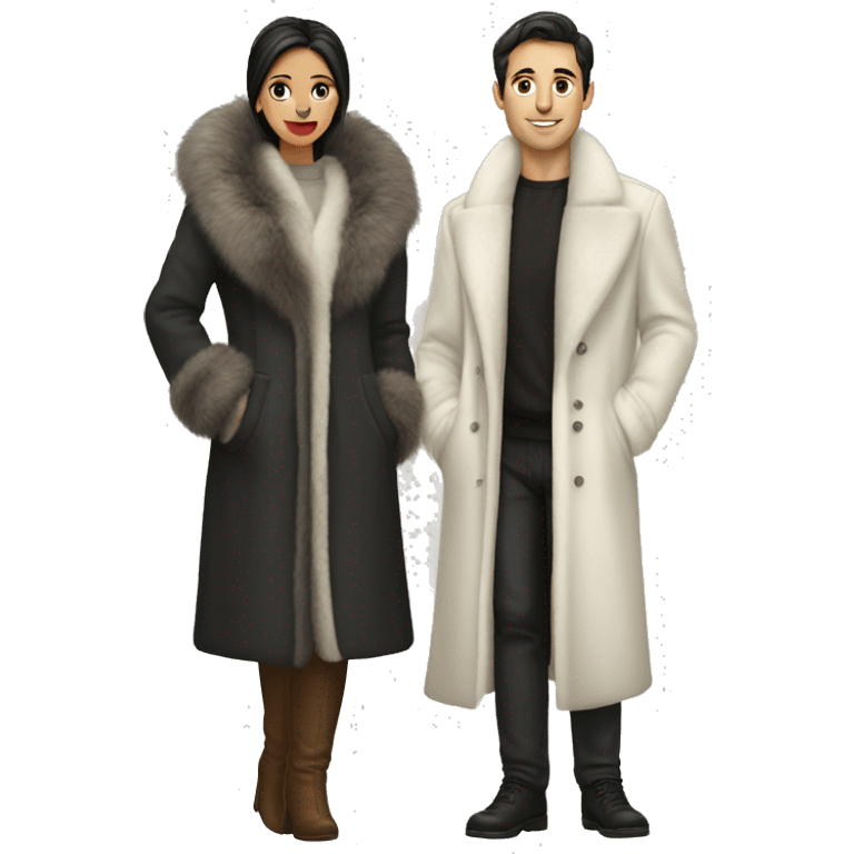 Dark haired White couple in long fur coats emoji