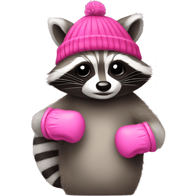 Raccoon wearing pink mittens and hat emoji