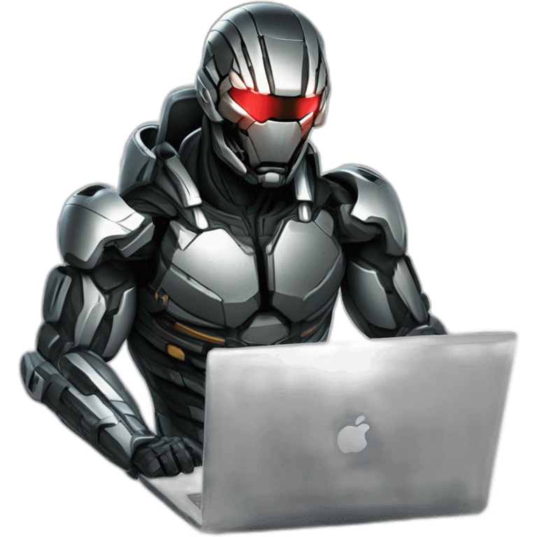 Side view developer behind his laptop with this style : Crytek Crysis Video game with nanosuit hacker themed character emoji