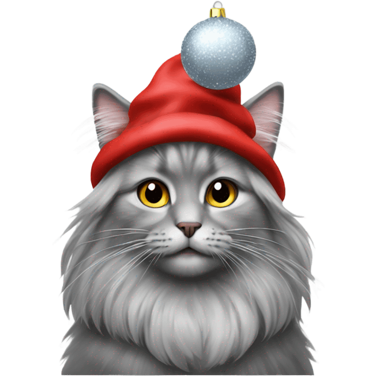 Grey long hair cat with Christmas hat and baubles emoji