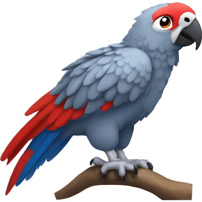 A large parrot. It has gray feathers and a red tail and its head is blue. It is very cute and small and very little annoying but quite noisy. emoji