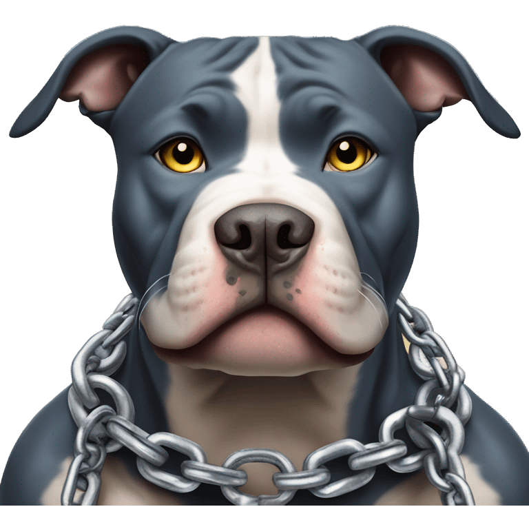 A Pit Bull with a defiant expression, piercing blue eyes, displays his muscular strength while wearing iron chains adorned with gold and silver spikes emoji