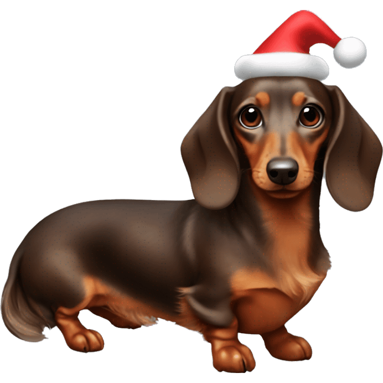 Mini long hair browndachshund dressed like Rudolph emoji