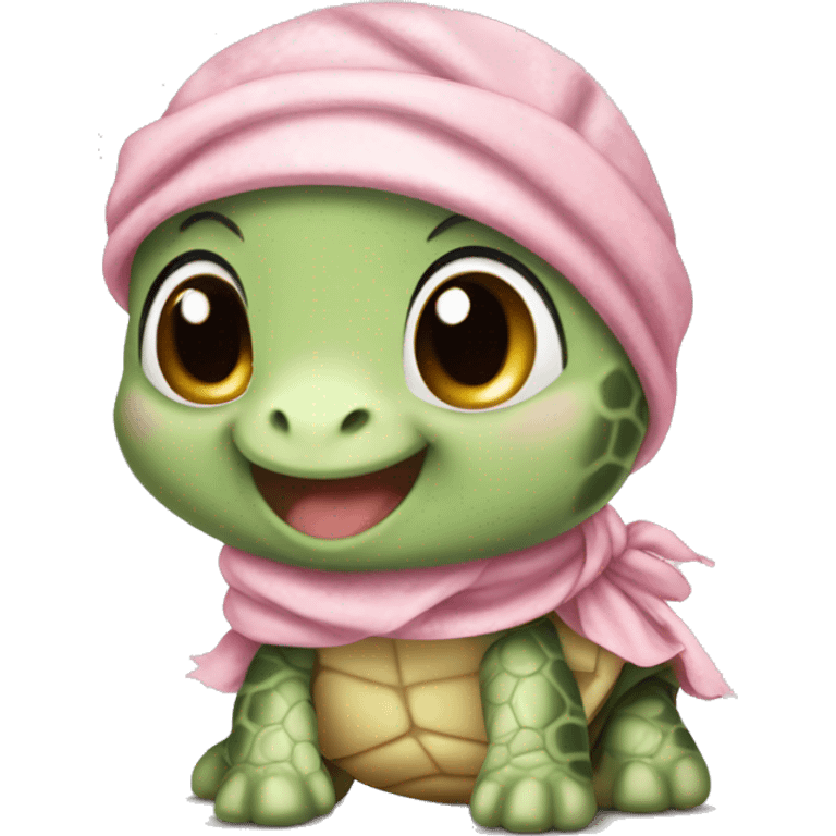 Cute baby turtle with a light pink bandana and cute headband emoji