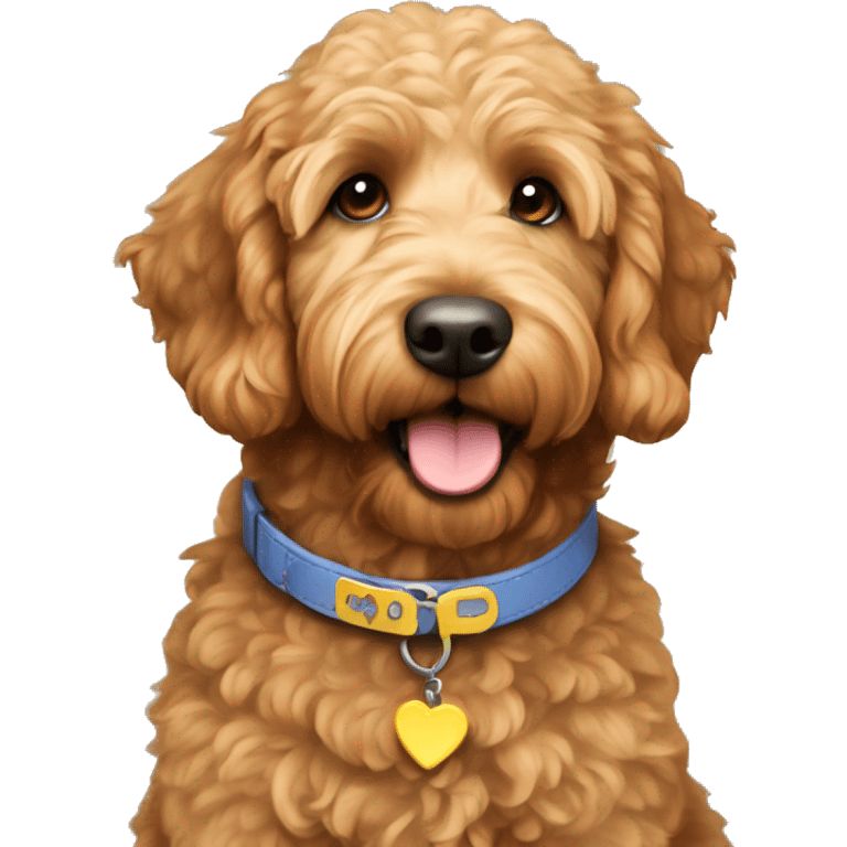 Small brown golden doodle with a collar that says Belle emoji