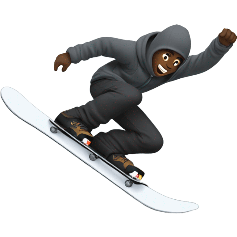 A man with black trousers and a grey ninja hoodie falling down a mountain on a snowboard emoji