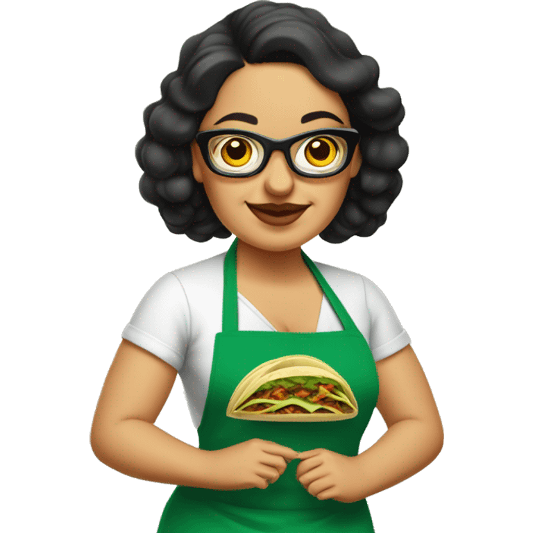 mexican chubby lady green apron  with glasses cooking tacos emoji