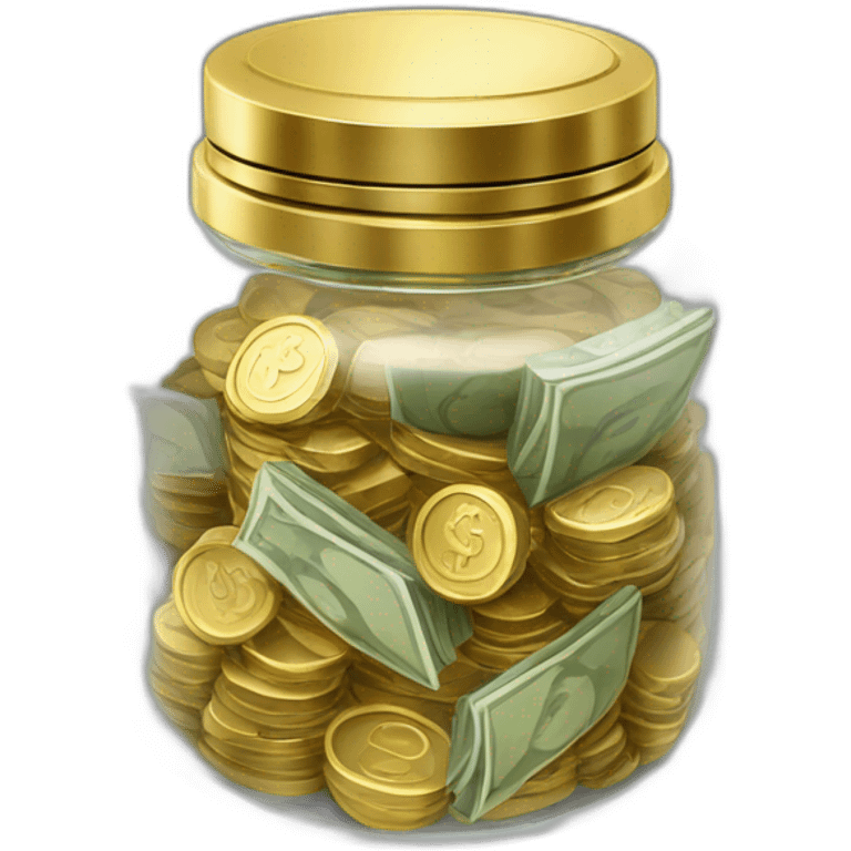 A Clear jar with a granite metallic lid filled with stacks of cash and gold  emoji