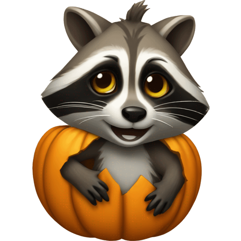 Cute raccoon peeking from a carved pumpkin emoji